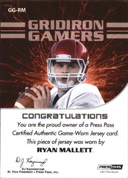 2011 Press Pass - Gridiron Gamers Jerseys Silver #GG-RM Ryan Mallett Back