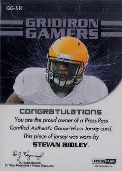 2011 Press Pass - Gridiron Gamers Jerseys Silver #GG-SR Stevan Ridley Back