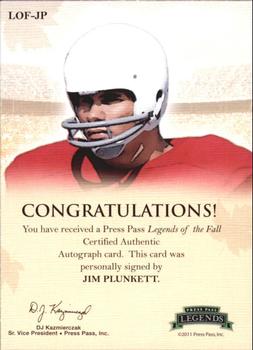 2011 Press Pass Legends - Legends of the Fall Autographs #LOF-JP Jim Plunkett Back