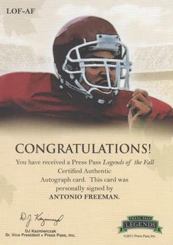 2011 Press Pass Legends - Legends of the Fall Autographs Platinum #LOF-AF Antonio Freeman Back