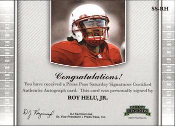 2011 Press Pass Legends - Saturday Signatures #SS-RH Roy Helu, Jr. Back