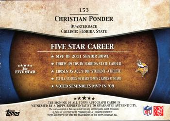2011 Topps Five Star #153 Christian Ponder Back
