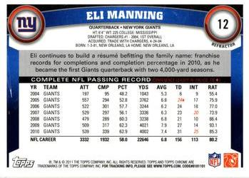 2011 Topps Chrome - Refractors #12 Eli Manning  Back