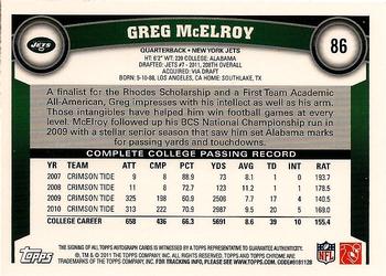 2011 Topps Chrome - Rookie Autographs #86 Greg McElroy Back