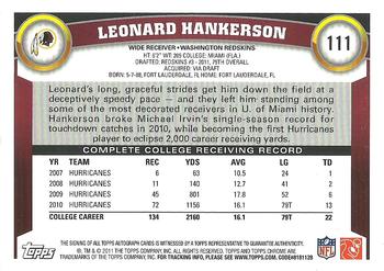 2011 Topps Chrome - Rookie Autographs #111 Leonard Hankerson Back