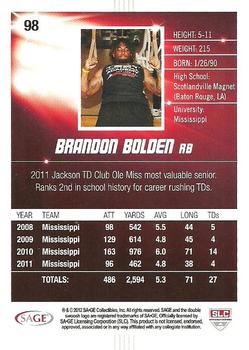 2012 SAGE HIT #98 Brandon Bolden Back