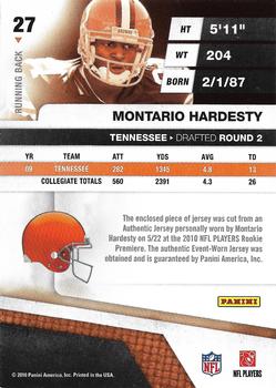 2010 Panini Absolute Memorabilia - Rookie Jersey Collection #27 Montario Hardesty  Back