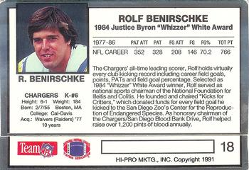 1991 Action Packed Whizzer White Award #18 Rolf Benirschke Back