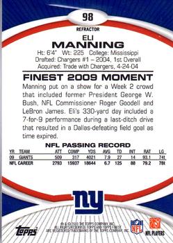 2010 Finest - Gold Refractors #98 Eli Manning  Back