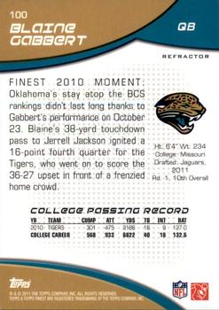 2011 Finest - Blue Refractors #100 Blaine Gabbert Back