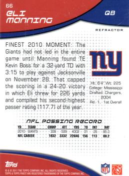 2011 Finest - Refractors #66 Eli Manning  Back
