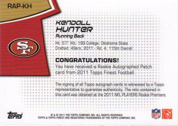 2011 Finest - Rookie Patch Autographs #RAP-KH Kendall Hunter Back