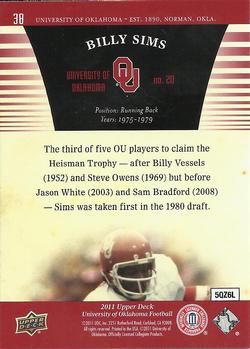 2011 Upper Deck University of Oklahoma #38 Billy Sims Back