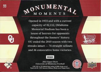 2011 Upper Deck University of Oklahoma #99 Memorial Stadium Back