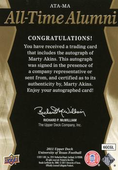 2011 Upper Deck University of Texas - All-Time Alumni Autographs #ATA-MA Marty Akins Back
