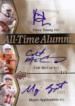 2011 Upper Deck University of Texas - All-Time Alumni Trios Autographs #ATAT-YMA Vince Young / Colt McCoy / Major Applewhite Front
