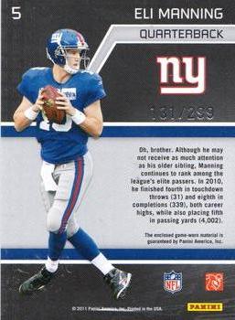 2011 Panini Rookies & Stars - Statistical Standouts Materials #5 Eli Manning Back