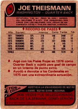 1977 Topps Mexican #74 Joe Theismann Back