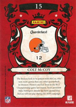 2010 Panini Crown Royale - Rookie Royalty #15 Colt McCoy  Back