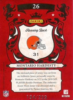 2010 Panini Crown Royale - Rookie Royalty Materials #26 Montario Hardesty  Back