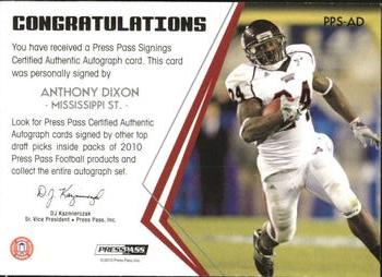2010 Press Pass - Press Pass Signings Autographs Bronze #PPS-AD Anthony Dixon  Back
