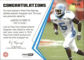 2010 Press Pass - Press Pass Signings Autographs Bronze #PPS-AR Andre Roberts  Back