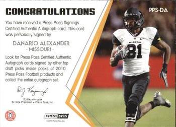 2010 Press Pass - Press Pass Signings Autographs Bronze #PPS-DA Danario Alexander  Back