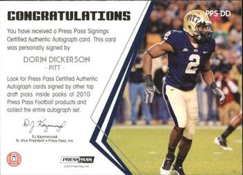 2010 Press Pass - Press Pass Signings Autographs Bronze #PPS-DD Dorin Dickerson  Back