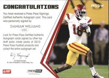 2010 Press Pass - Press Pass Signings Autographs Bronze #PPS-DW Damian Williams  Back