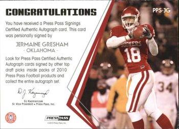 2010 Press Pass - Press Pass Signings Autographs Bronze #PPS-JG Jermaine Gresham  Back