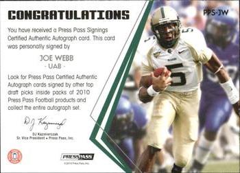 2010 Press Pass - Press Pass Signings Autographs Bronze #PPS-JW Joe Webb  Back
