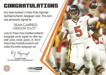 2010 Press Pass - Press Pass Signings Autographs Bronze #PPS-SC Sean Canfield  Back