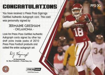 2010 Press Pass - Press Pass Signings Autographs Bronze Red Ink #PPS-JG Jermaine Gresham Back