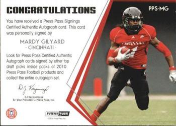 2010 Press Pass - Press Pass Signings Autographs Gold #PPS-MG Mardy Gilyard Back