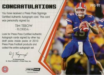 2010 Press Pass - Press Pass Signings Autographs Green #PPS-TT Tim Tebow  Back