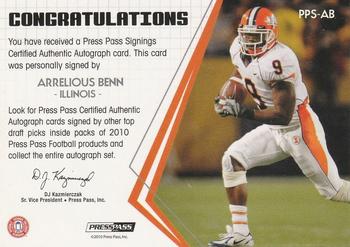 2010 Press Pass - Press Pass Signings Autographs Silver #PPS-AB Arrelious Benn Back
