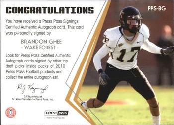 2010 Press Pass - Press Pass Signings Autographs Silver #PPS-BG Brandon Ghee Back