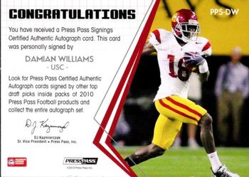 2010 Press Pass - Press Pass Signings Autographs Silver #PPS-DW Damian Williams Back