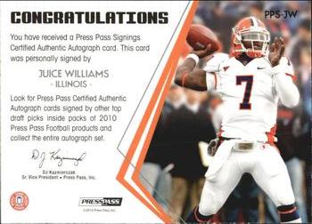 2010 Press Pass - Press Pass Signings Autographs Silver #PPS-JW Juice Williams Back