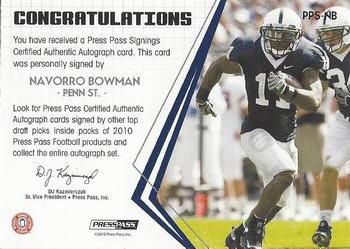 2010 Press Pass - Press Pass Signings Autographs Silver #PPS-NB NaVorro Bowman Back