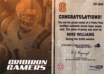 2010 Press Pass - Gridiron Gamers Jerseys Silver #PP-MW Mike Williams Back