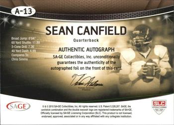 2010 SAGE - Autographs Gold #A-13 Sean Canfield  Back