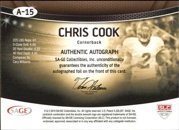 2010 SAGE - Autographs Gold #A-15 Chris Cook  Back