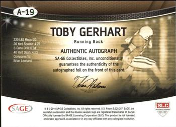 2010 SAGE - Autographs Gold #A-19 Toby Gerhart  Back