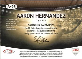 2010 SAGE - Autographs Gold #A-25 Aaron Hernandez  Back