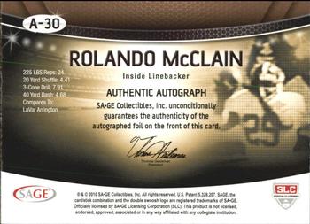 2010 SAGE - Autographs Gold #A-30 Rolando McClain  Back