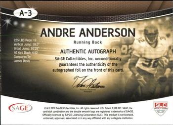 2010 SAGE - Autographs Platinum #A-3 Andre Anderson  Back