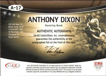 2010 SAGE - Autographs Platinum #A-17 Anthony Dixon  Back