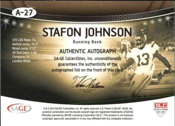 2010 SAGE - Autographs Platinum #A-27 Stafon Johnson  Back