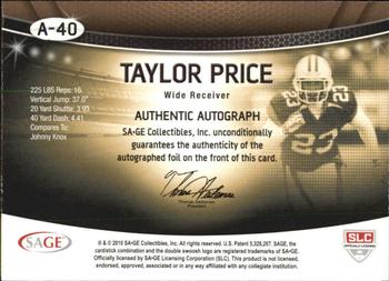 2010 SAGE - Autographs Platinum #A-40 Taylor Price  Back